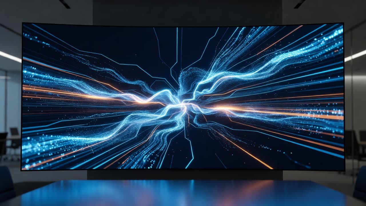 A sleek digital monitor displays abstract blue and orange data streams flowing across a dark background. Glowing light patterns suggest high-speed information processing within a modern, professional business environment.