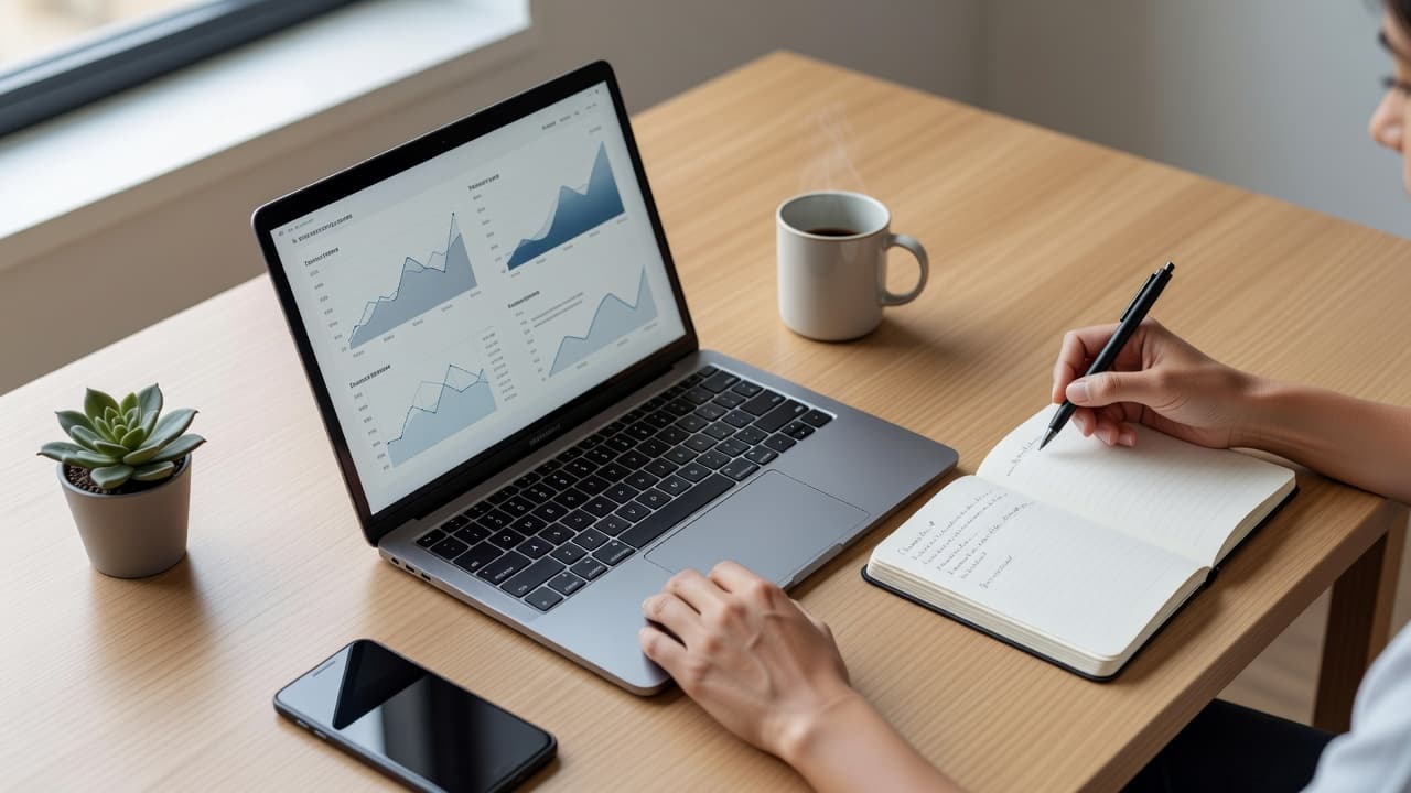 A top-down view shows a person sitting at a white desk carefully organizing a marketing plan. A sleek laptop sits open beside a notebook filled with handwritten notes and productivity tools.