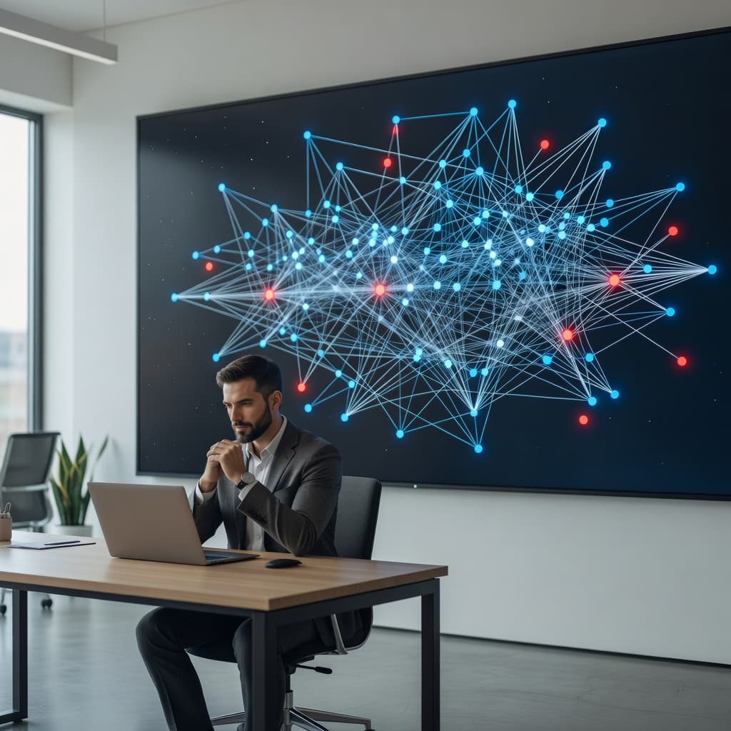A professional analyst stands before a large wall monitor displaying a complex network of web pages. Several isolated dots signify disconnected orphan pages within the digital structure of the site.