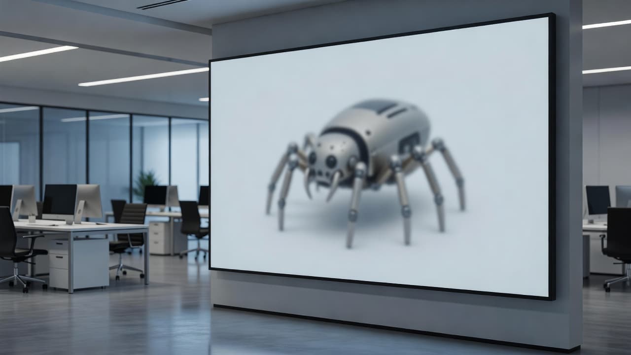 A sleek, minimalist office workstation features a desktop computer monitor displaying a stylized, out-of-focus digital robot silhouette. The screen is surrounded by a tidy desk setup with organized office supplies.