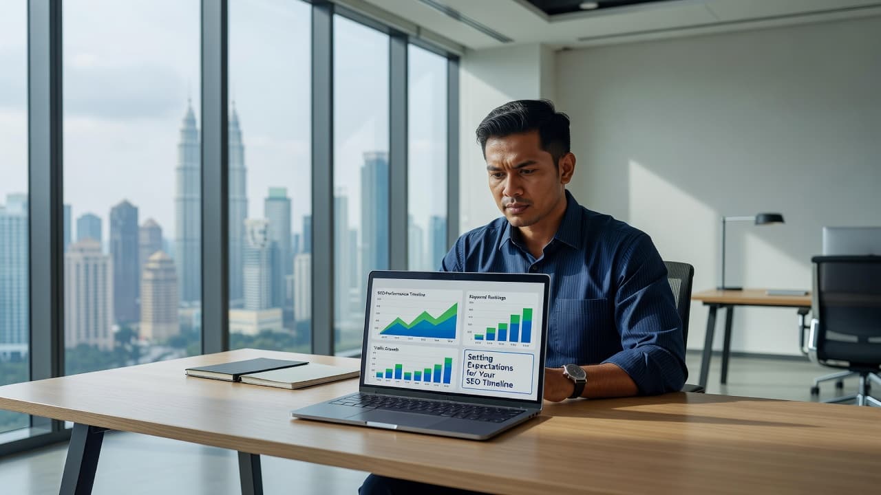 A focused Malaysian business executive reviews digital marketing analytics on a sleek silver laptop. The modern office features soft natural window lighting, clean white walls, and professional organizational planning tools.