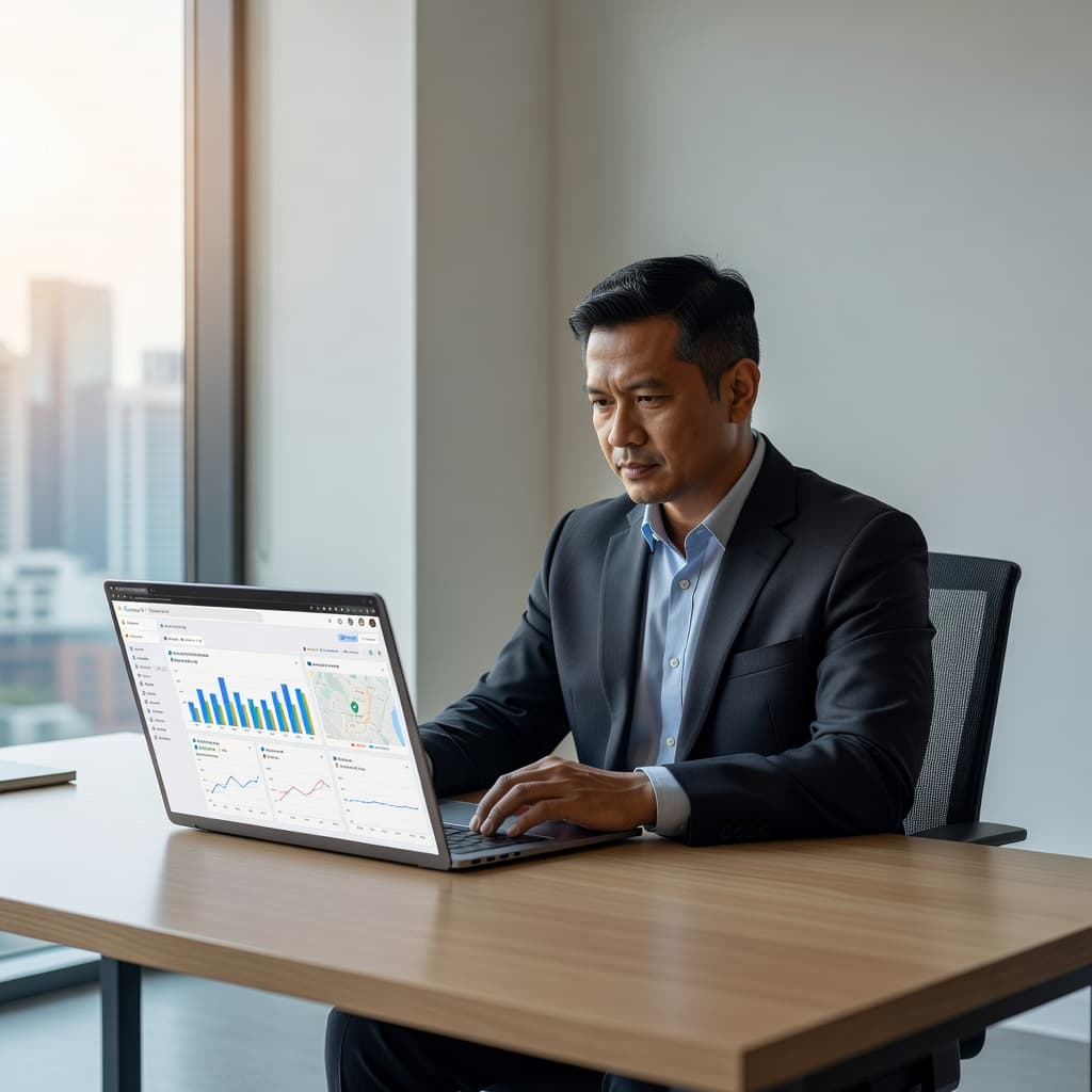 A professional business owner sits at a minimalist desk inside a bright, modern office. They are focused on a laptop screen displaying a clean marketing dashboard with soft natural light.