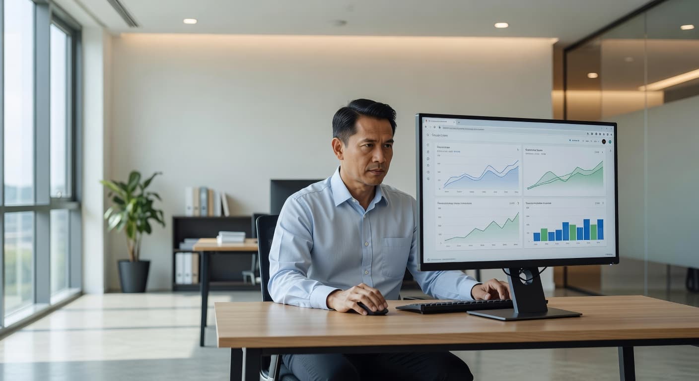 A focused professional in a modern office gazes at a digital monitor displaying abstract growth charts. The bright workspace features clean lines and natural lighting highlighting his productive work environment.