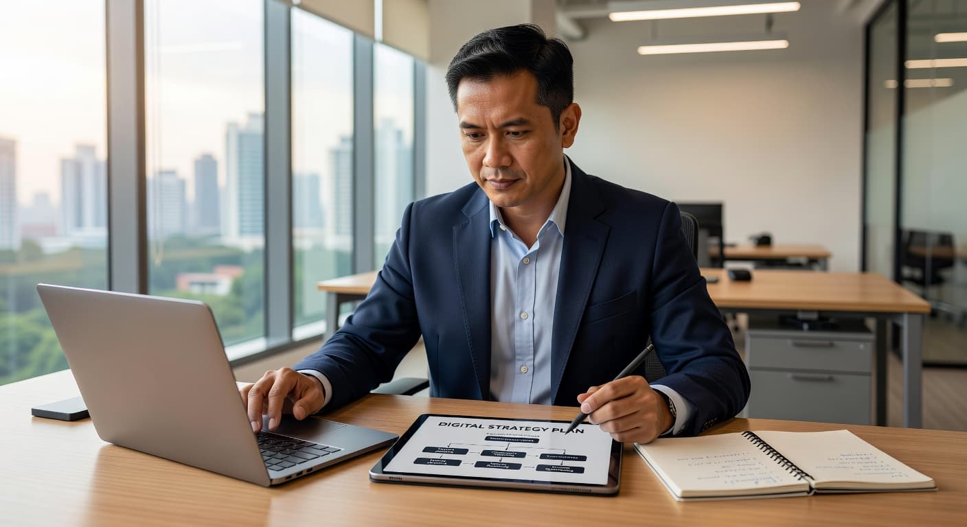 A Malaysian business owner sits at a minimalist desk, reviewing a digital strategy document on a laptop screen. Soft sunlight illuminates the clean office space and professional work setup.