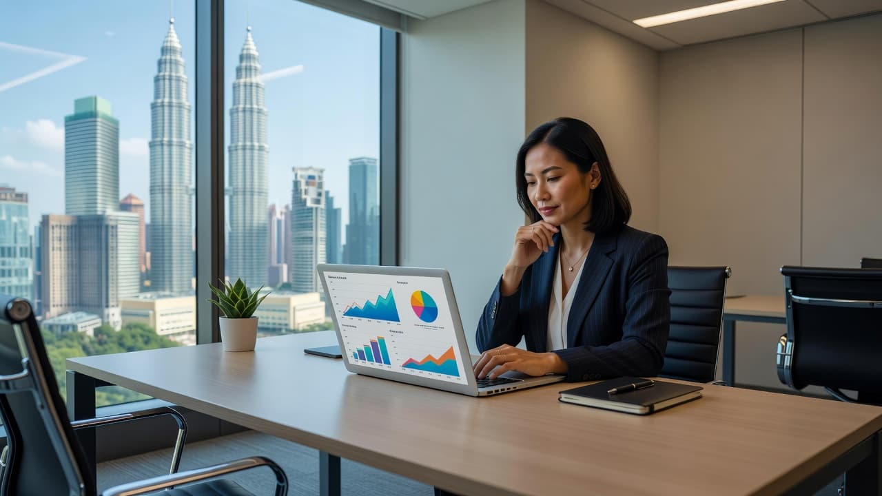 A Malaysian business owner reviews digital charts on a laptop while seated at a minimalist desk. Sunlight illuminates the organized room, highlighting the professional atmosphere and focused strategy planning session.