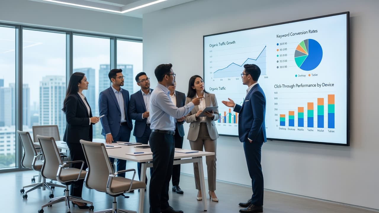 A diverse group of professionals gathers in a bright, modern office space to analyze colorful data visualizations and performance metrics displayed on a large wall screen during a strategy session.