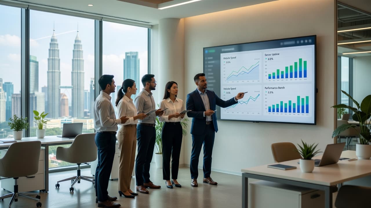 A professional team gathers in a bright Kuala Lumpur office to review colorful data charts projected on a large screen. The clean, modern workspace promotes efficient website monitoring and server optimization.