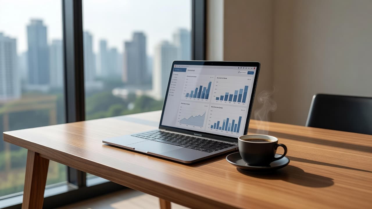 A sleek laptop sits on a clean wooden desk, displaying a glowing data dashboard alongside a steaming ceramic coffee mug. Bright morning sunlight floods the minimalist workspace through a nearby window.