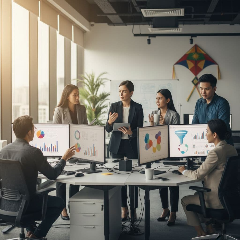 A diverse group of professionals gathers around a sleek office table in Malaysia, analyzing colorful data charts displayed on multiple high-resolution computer monitors. Warm overhead lights illuminate the collaborative workspace environment.