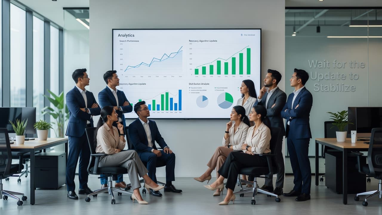 A diverse team in a sleek office observes a large wall-mounted monitor displaying colorful analytical charts and performance graphs. Soft daylight illuminates their focused expressions as they study the evolving metrics.