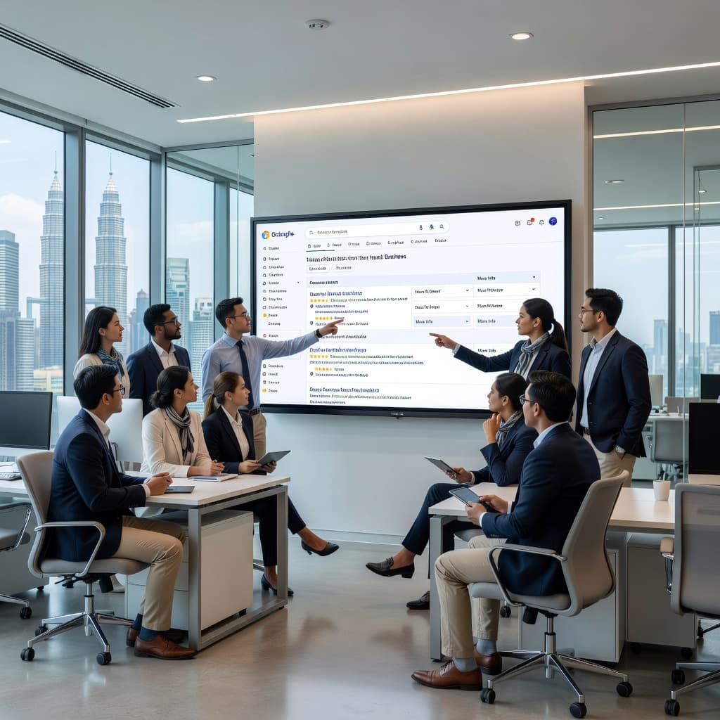 A diverse marketing group stands before a large wall screen in a bright, modern office to review digital analytics. Natural light fills the contemporary room while professionals collaborate on strategy.