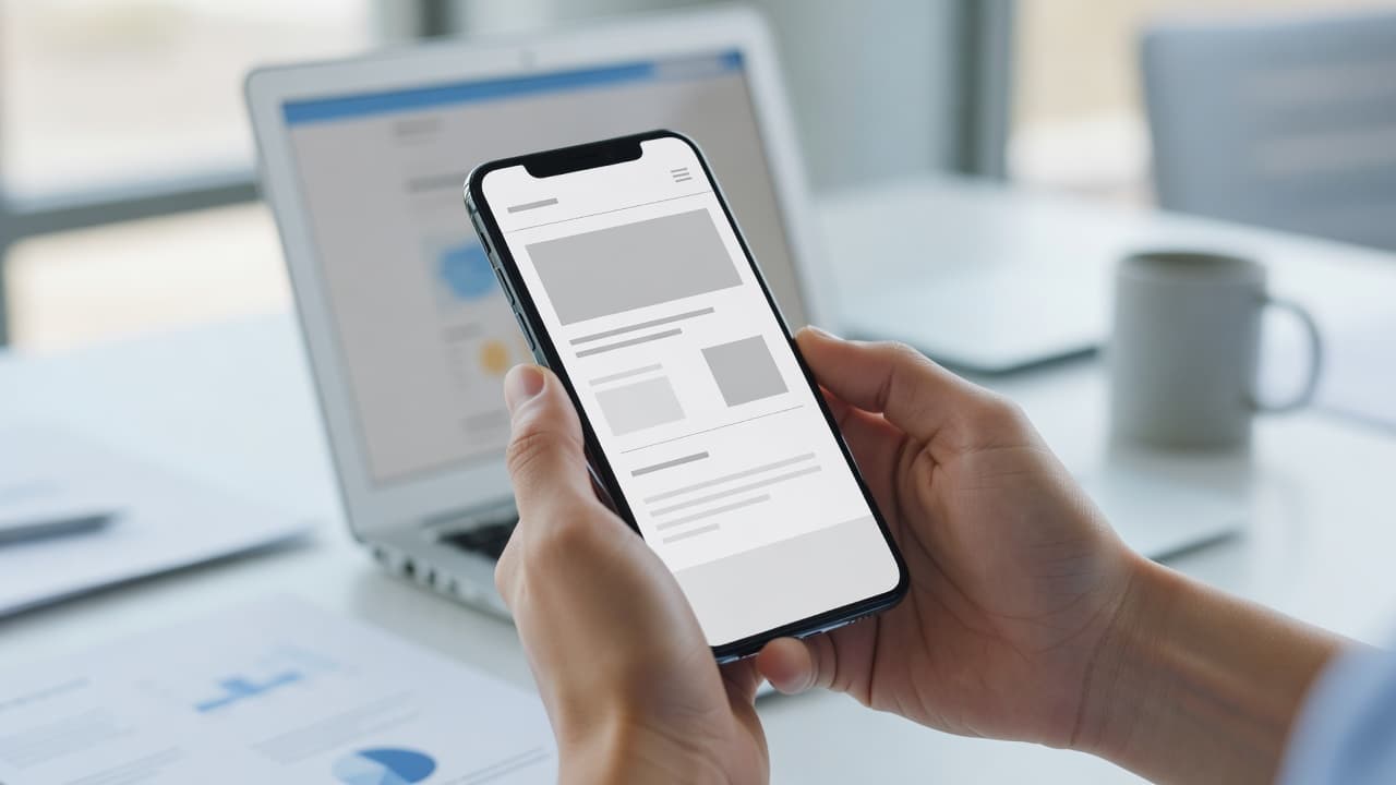 A person holds a smartphone displaying a webpage layout in a professional office. In the background, a clean desk setup with an out-of-focus laptop highlights a mobile-first design development environment.
