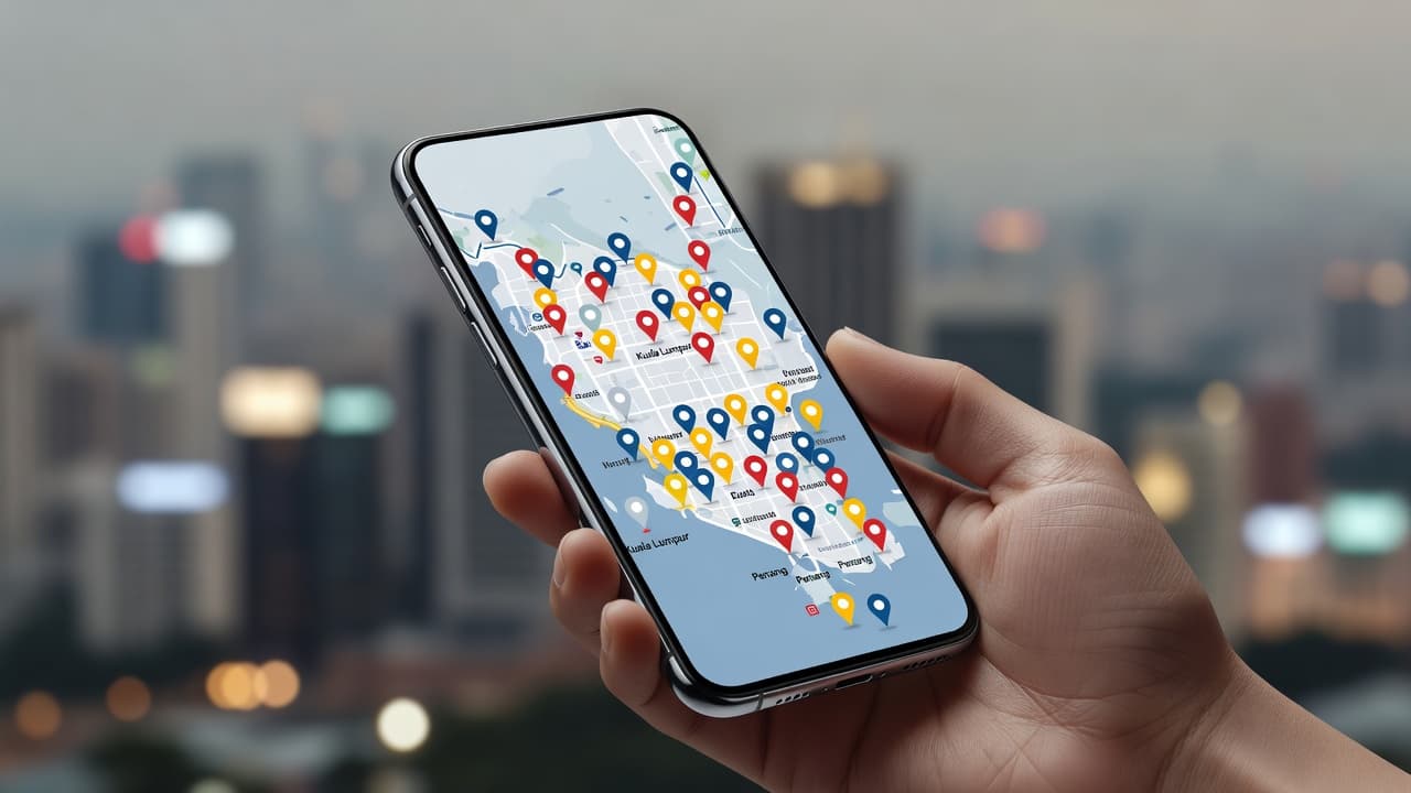A person holds a sleek smartphone displaying a stylized map interface with several location pins marking various spots. The busy city skyline in the background is softly blurred for professional focus.