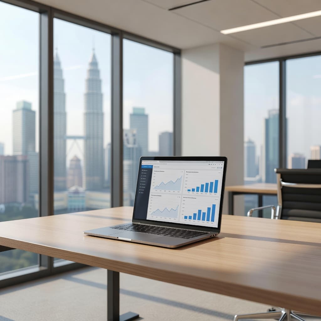 A sleek laptop sits on a minimalist desk, showcasing an intricate analytics dashboard on its screen. Bright natural light floods the modern office space, highlighting the polished wood surface textures.