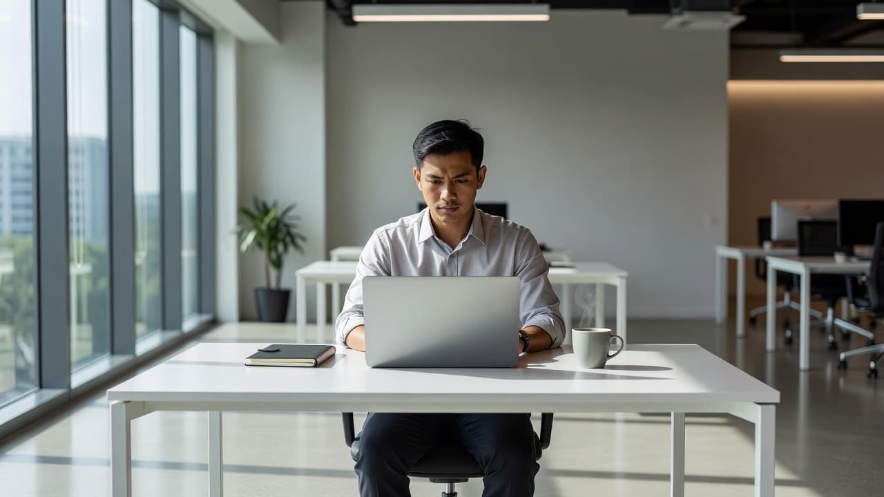 An office worker sits at a clean desk illuminated by soft natural light while focusing on a silver laptop. A notebook and coffee mug rest nearby in this minimalist, professional environment.