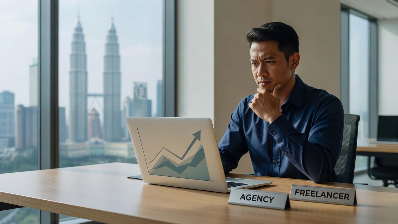 A professional sits at a clean desk viewing a business growth graph on a laptop screen. Soft sunlight illuminates the tidy office space, highlighting the productive and calm atmosphere.