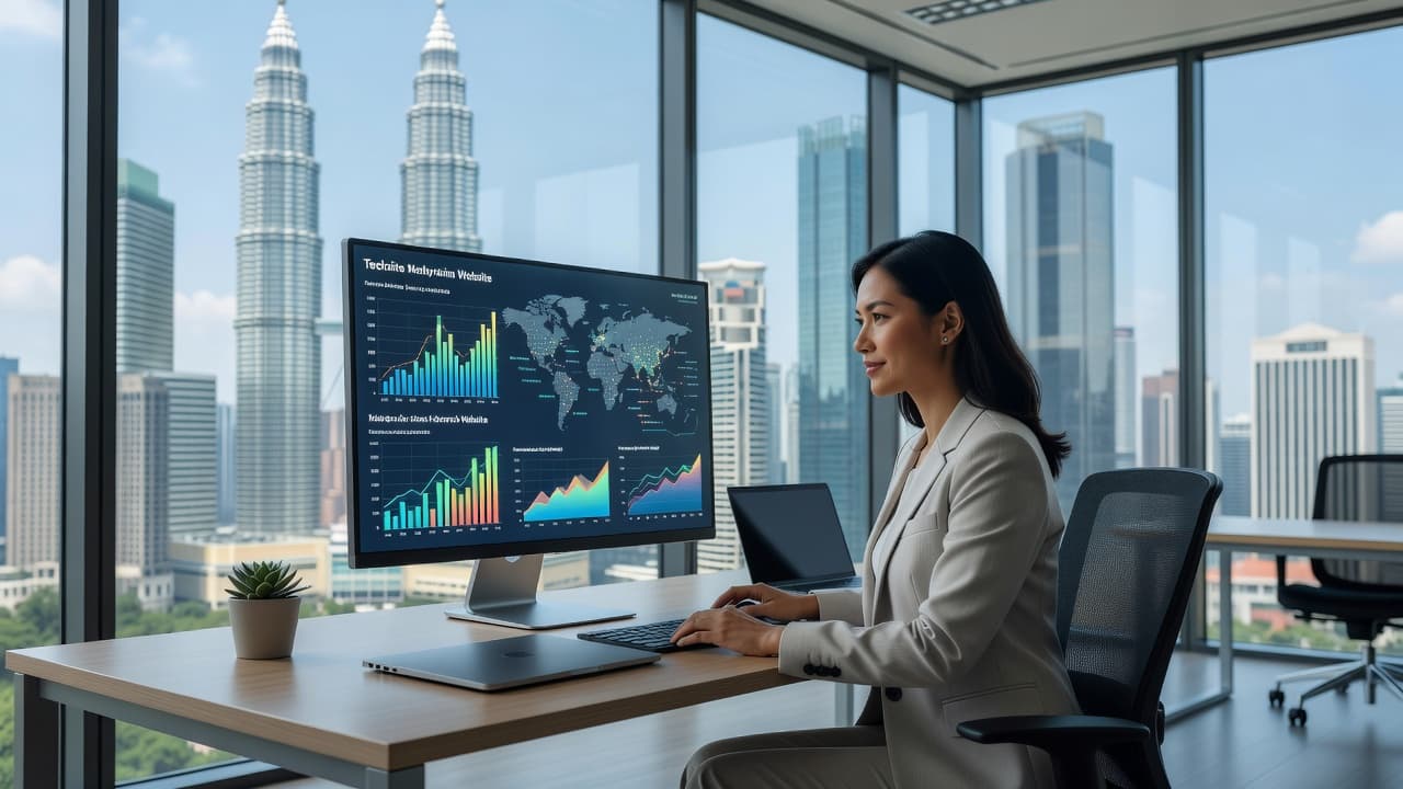 A professional manager sits at a minimalist desk inside a Kuala Lumpur office, analyzing complex global search data on a monitor. The bright, uncluttered space features glass walls and modern architecture.