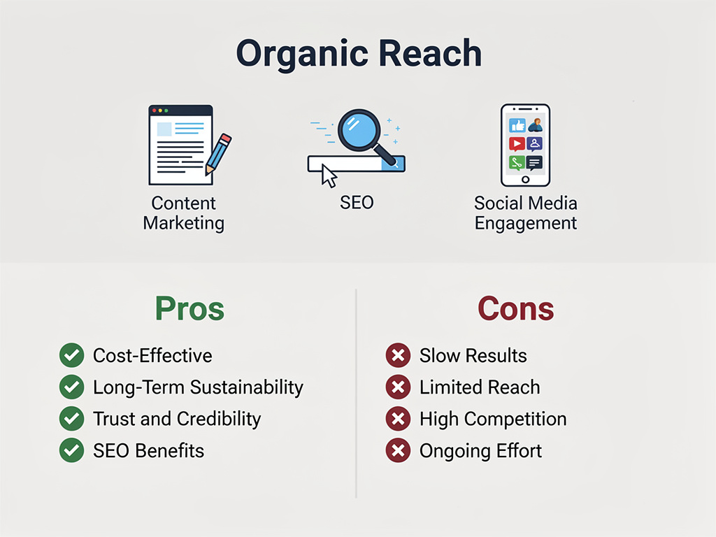 Infographic titled Organic Reach showing three icons: Content Marketing, SEO, and Social Media Engagement with a Pros and Cons section below.