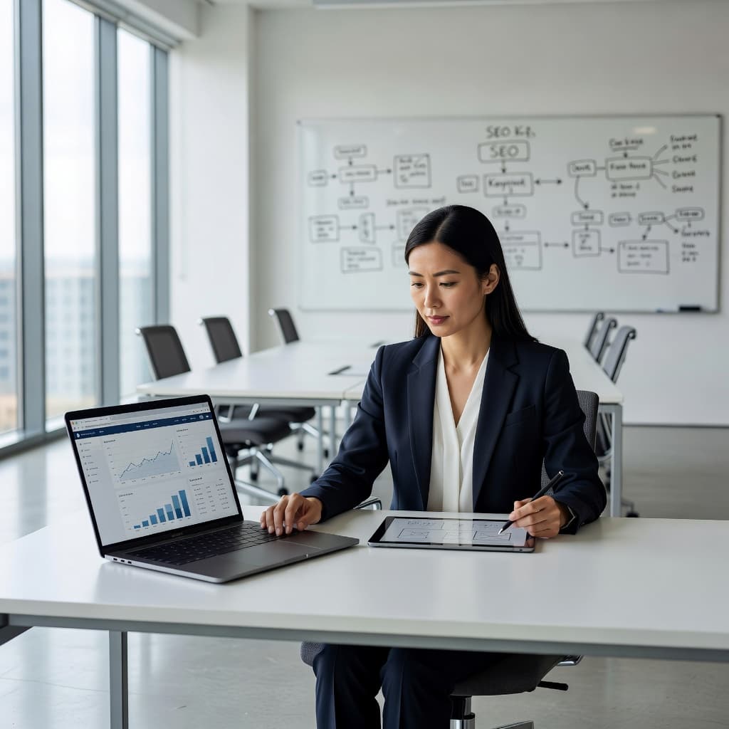 A focused individual sits at a minimalist desk reviewing website analytics on a laptop screen. Bright natural sunlight streams into the modern office space, highlighting the clean professional agency environment.