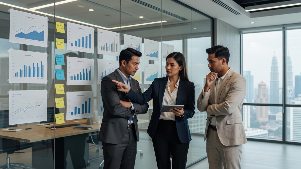Two professionals in business attire stand before a glass partition covered in colorful sticky notes and performance charts. They are gesturing toward the data while engaged in a focused strategy discussion.