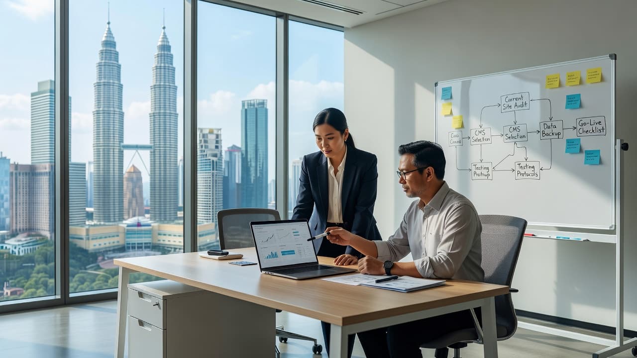 Two business professionals stand at a white desk in a sunlit Kuala Lumpur office. They review digital strategy on a laptop and a nearby whiteboard while discussing a website migration project.