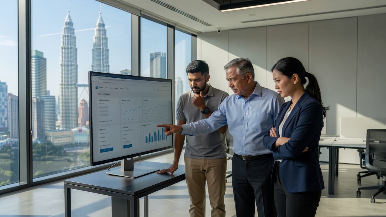 Three professionals stand around a large wall-mounted monitor displaying colorful website analytics charts. The bright office features expansive glass windows overlooking a tropical city skyline, emphasizing a modern workspace environment.
