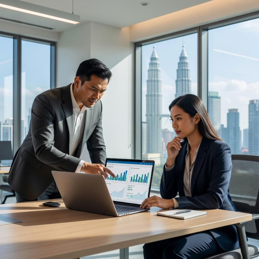 Two business professionals in sharp attire lean over a laptop on a minimalist desk, examining colorful website performance charts. Bright natural light floods the modern Kuala Lumpur office space during work.
