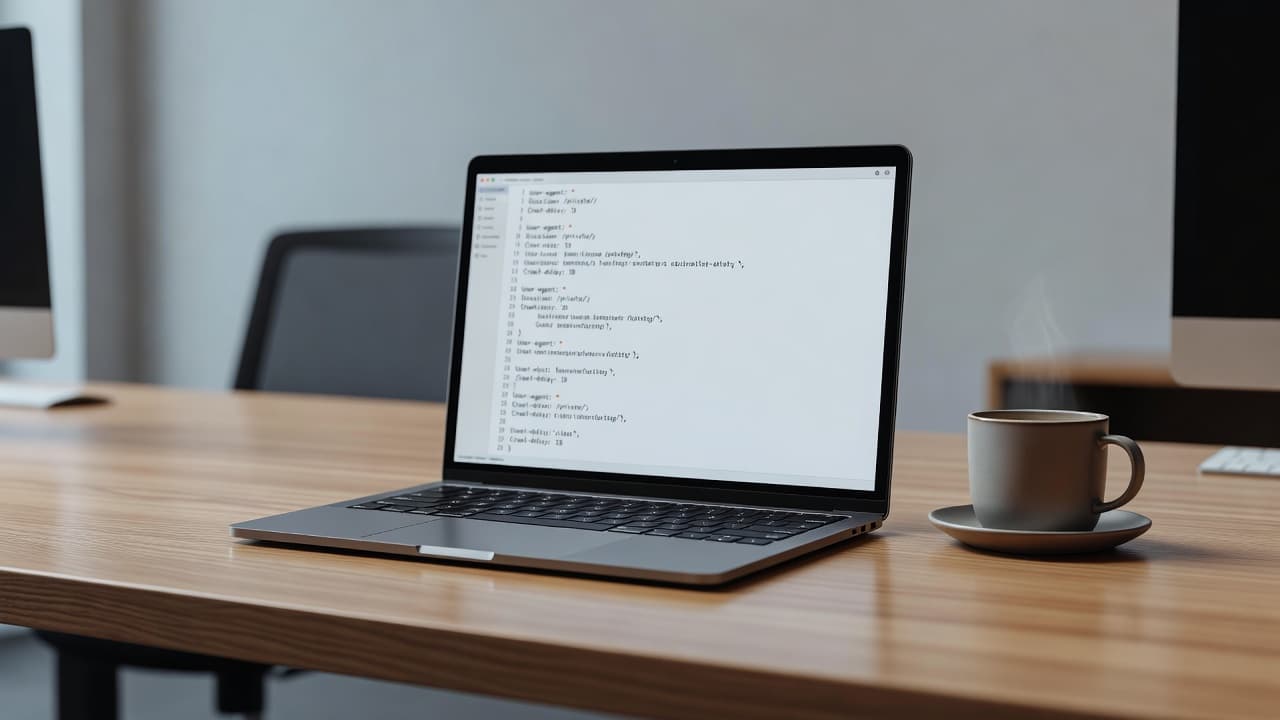 A sleek laptop displays complex configuration code on a polished wooden surface near a ceramic coffee mug. Soft ambient lighting highlights the professional workspace environment intended for focused technical programming tasks.