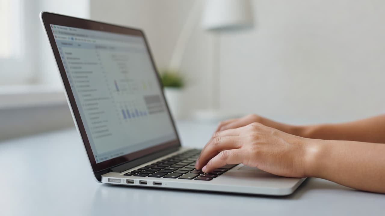Close-up of a person typing on a laptop keyboard within a minimalist workspace. The out-of-focus screen displays abstract data charts and technical performance metrics while fingers rest on sleek metallic keys.