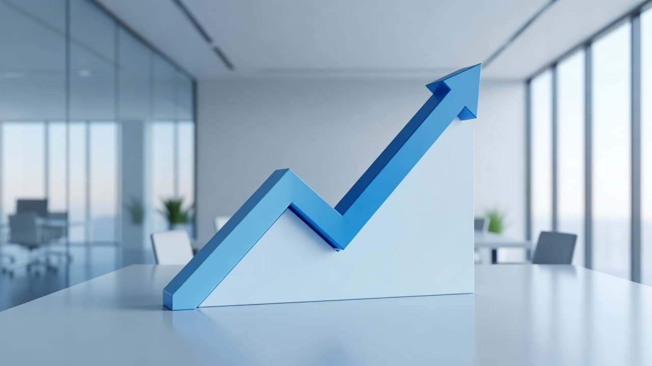 A sophisticated 3D bar graph displays a consistent upward trajectory within a brightly lit, professional office environment. The sleek blue and white surfaces emphasize clarity, stability, and professional financial progress.