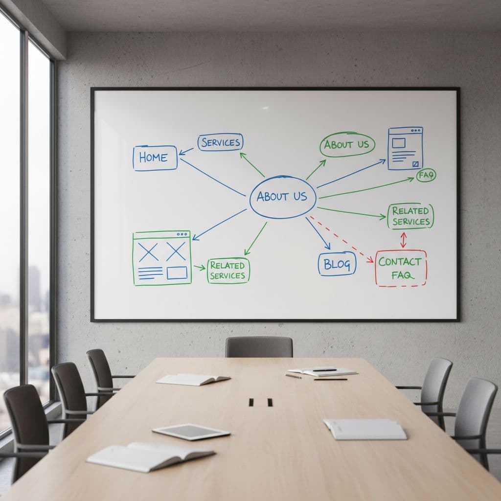 A sophisticated professional office features a large glass whiteboard covered in intricate flowcharts. The visual map displays website page hierarchies and navigation links, showing a structured and strategic digital site plan.