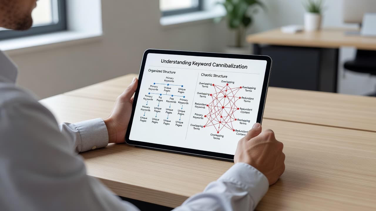 A focused professional examines a digital website sitemap displayed on a tablet screen while seated at a clean desk. Organized search data charts are visible, showcasing a clear, structured site architecture.