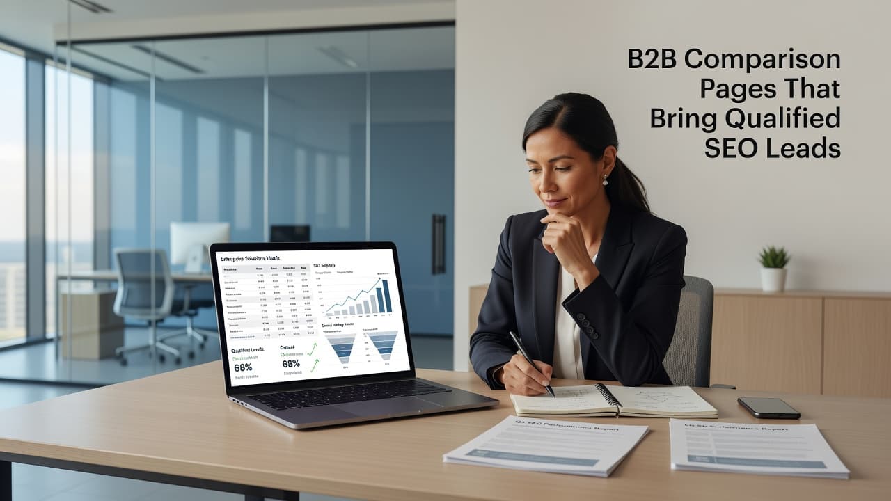 Businesswoman in a blazer reviews data on a laptop with charts, papers, and a smartphone on a bright office table.