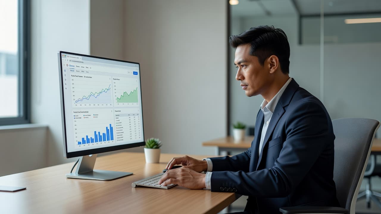 A business owner reviewing analytics on a computer monitor in a minimalist office.