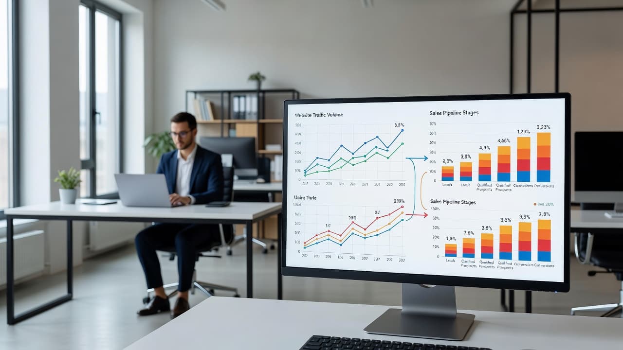 A clean computer monitor displays detailed colorful graphs and sales conversion metrics in a sunlit office. A professional person works quietly at a secondary desk in the soft-focus blurred background.