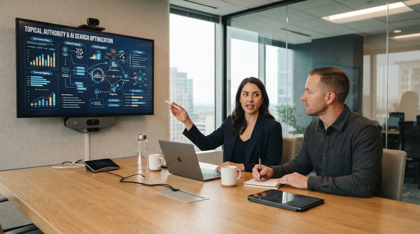 Two business colleagues collaborating on a digital marketing strategy in a conference room.