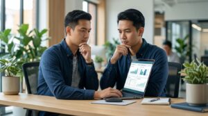 A marketing strategist analyzing website data on a laptop in a modern office.