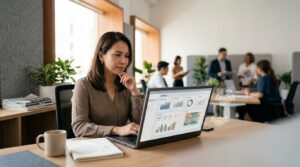 A strategist reviewing a brand monitoring dashboard on a laptop.