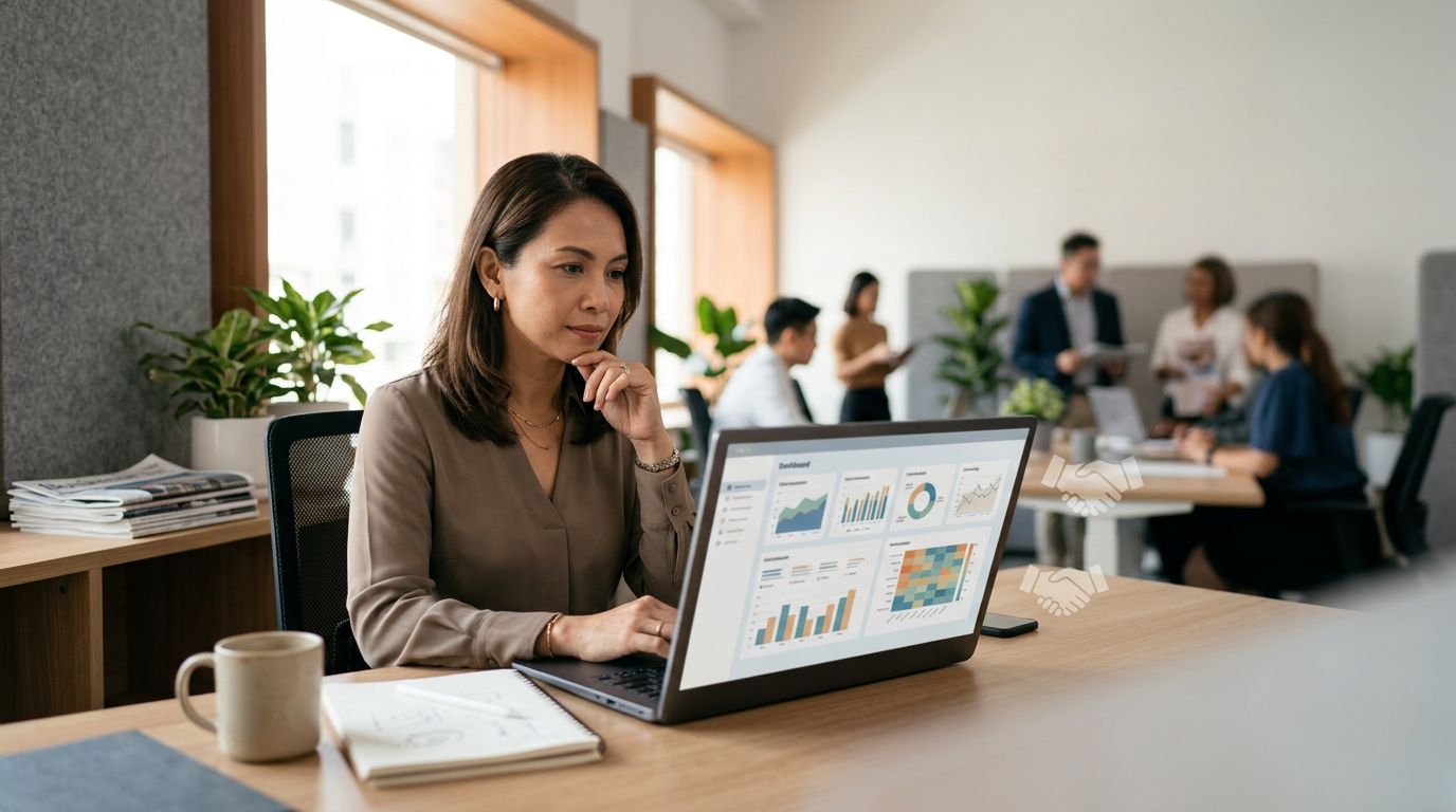 A strategist reviewing a brand monitoring dashboard on a laptop.
