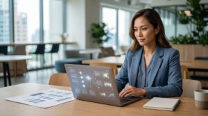 A professional reviewing a website diagram on a laptop at a clean office desk.