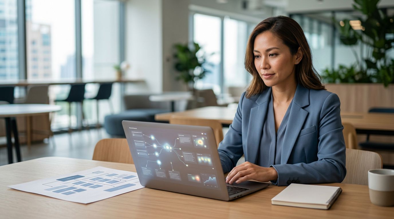 A professional reviewing a website diagram on a laptop at a clean office desk.