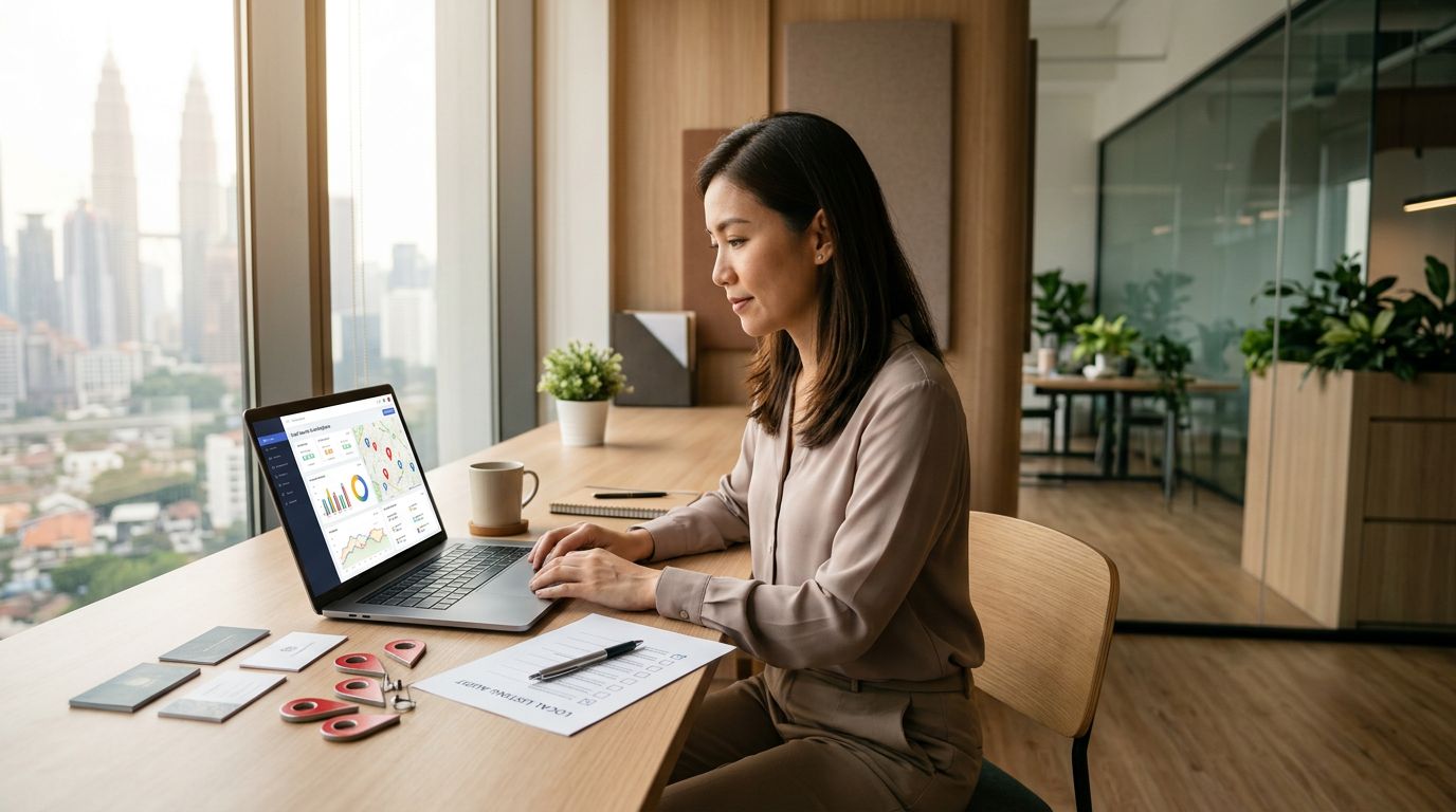 A consultant reviewing local map analytics and business pins on a laptop in an office.