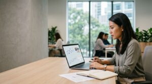 A professional analyzing charts on a laptop at an office desk.