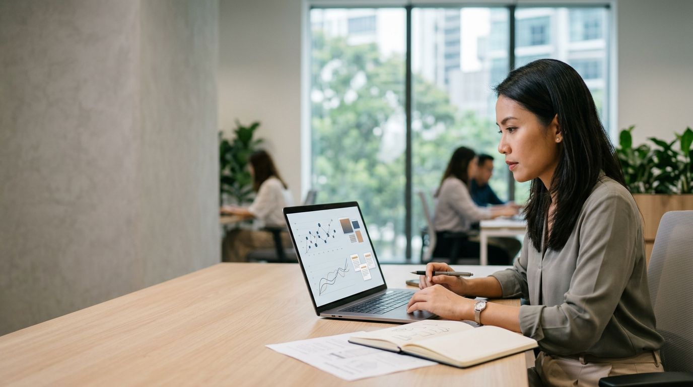 A professional analyzing charts on a laptop at an office desk.