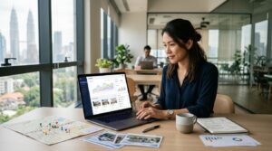 A strategist reviews property charts on a laptop beside maps, house photos, and organized papers.