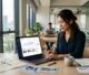 A strategist reviews property charts on a laptop beside maps, house photos, and organized papers.