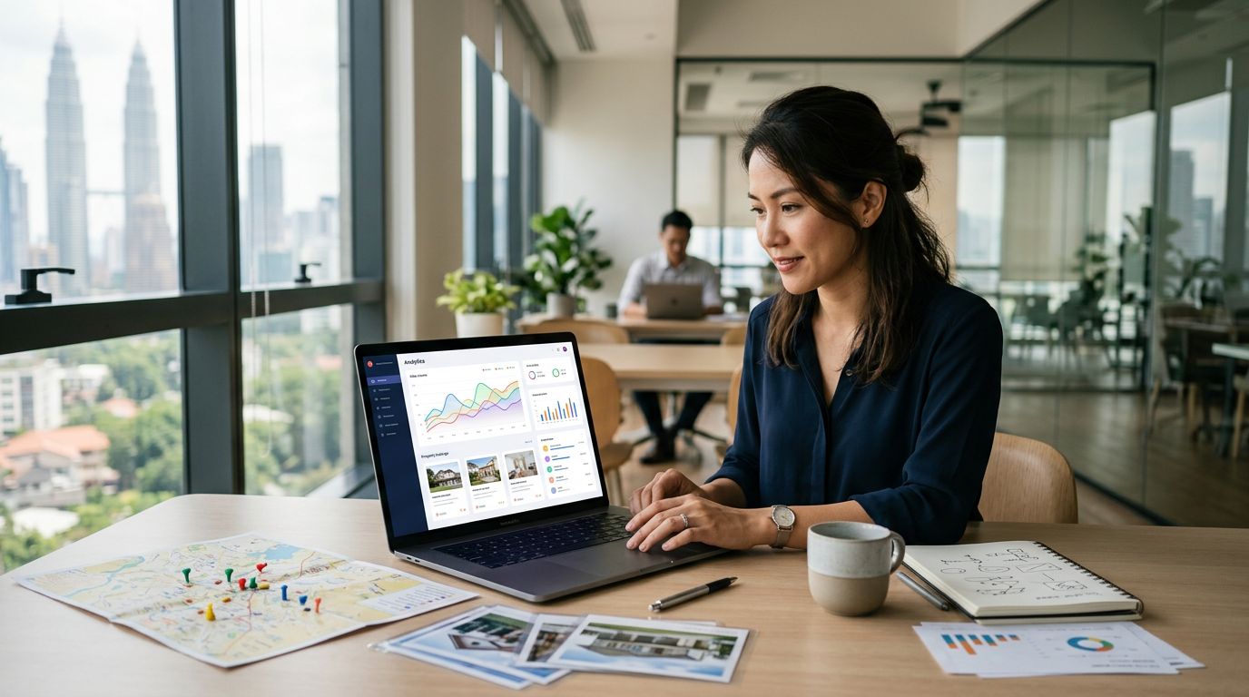 A strategist reviews property charts on a laptop beside maps, house photos, and organized papers.