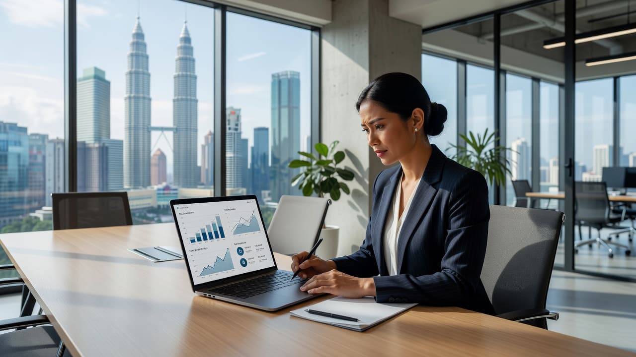 A professional reviewing website analytics on a laptop in a bright office.