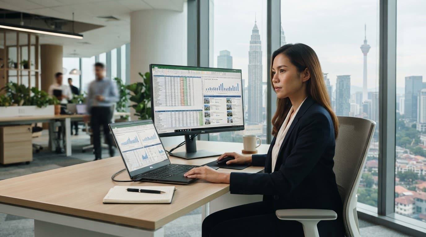 One person working at a desk with a laptop and dual monitors in a bright office.