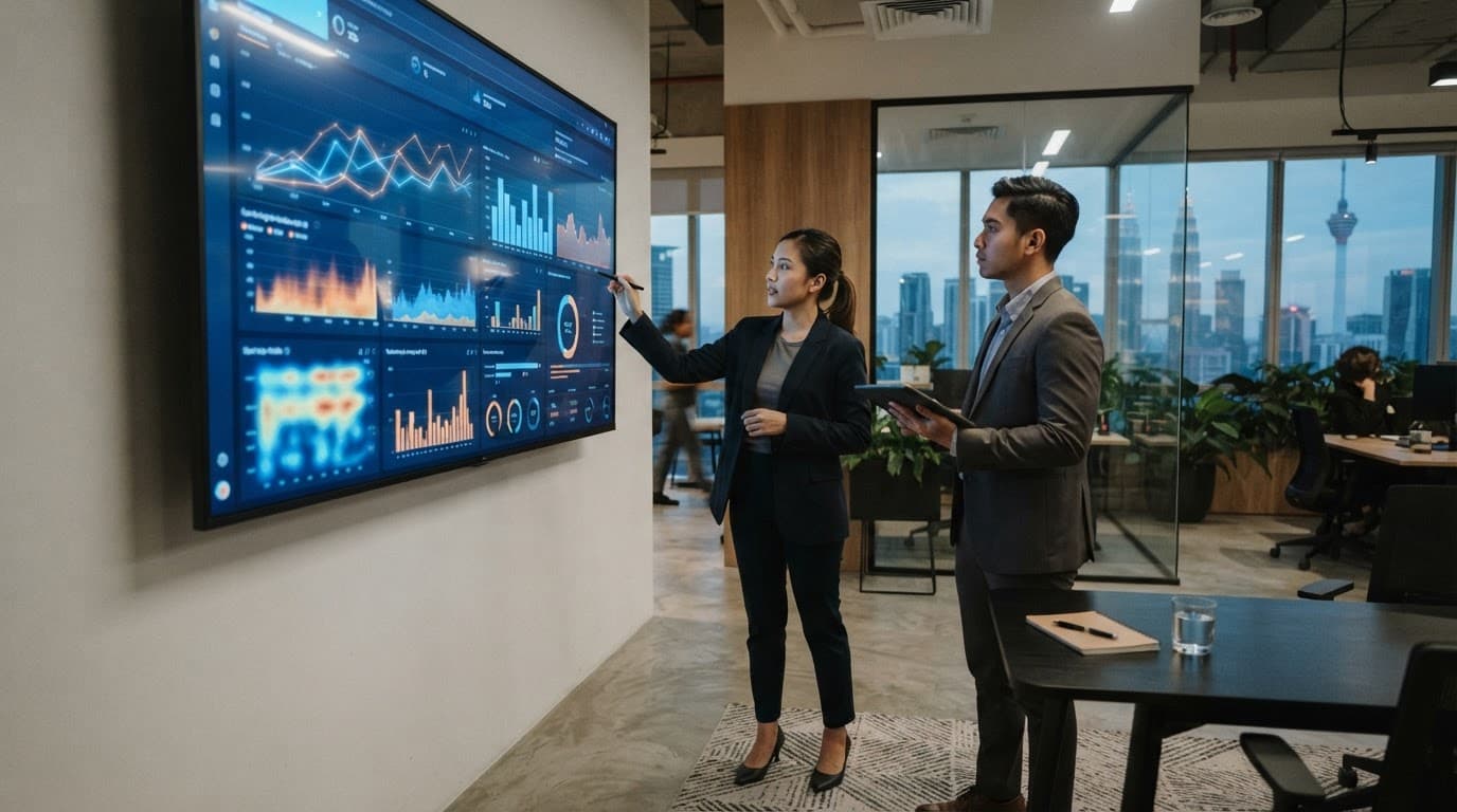 Two marketing professionals review traffic charts on a large screen in a modern office.